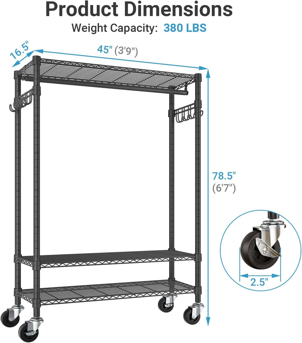 VIPEK R3C Plus Garment Rack - Rolling Clothes Rack with Locking Wheels, Heavy Duty Portable Closet with Adjustable Shelves & Side Hooks, Black