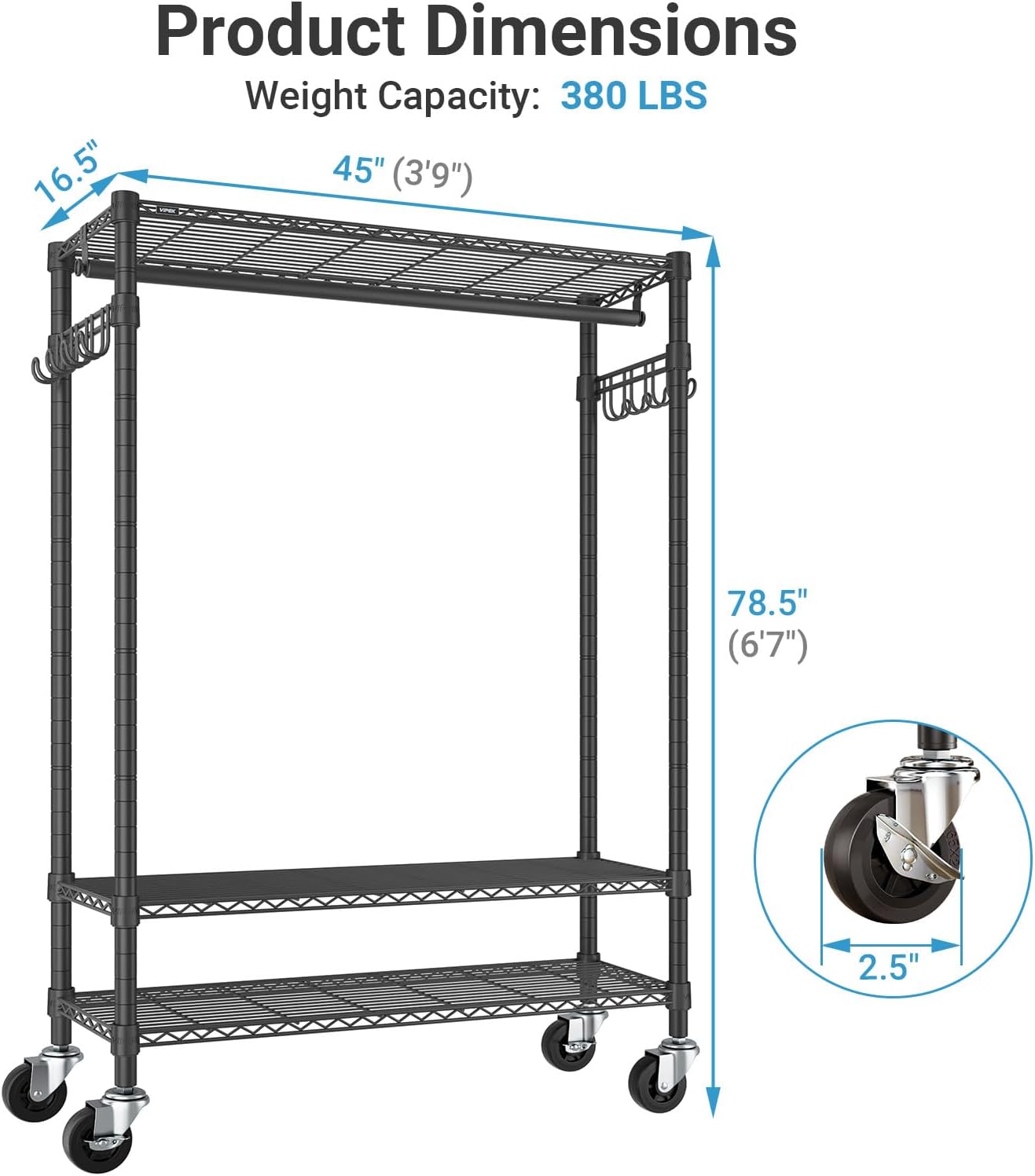 VIPEK R3C Plus Garment Rack - Rolling Clothes Rack with Locking Wheels, Heavy Duty Portable Closet with Adjustable Shelves & Side Hooks, Black