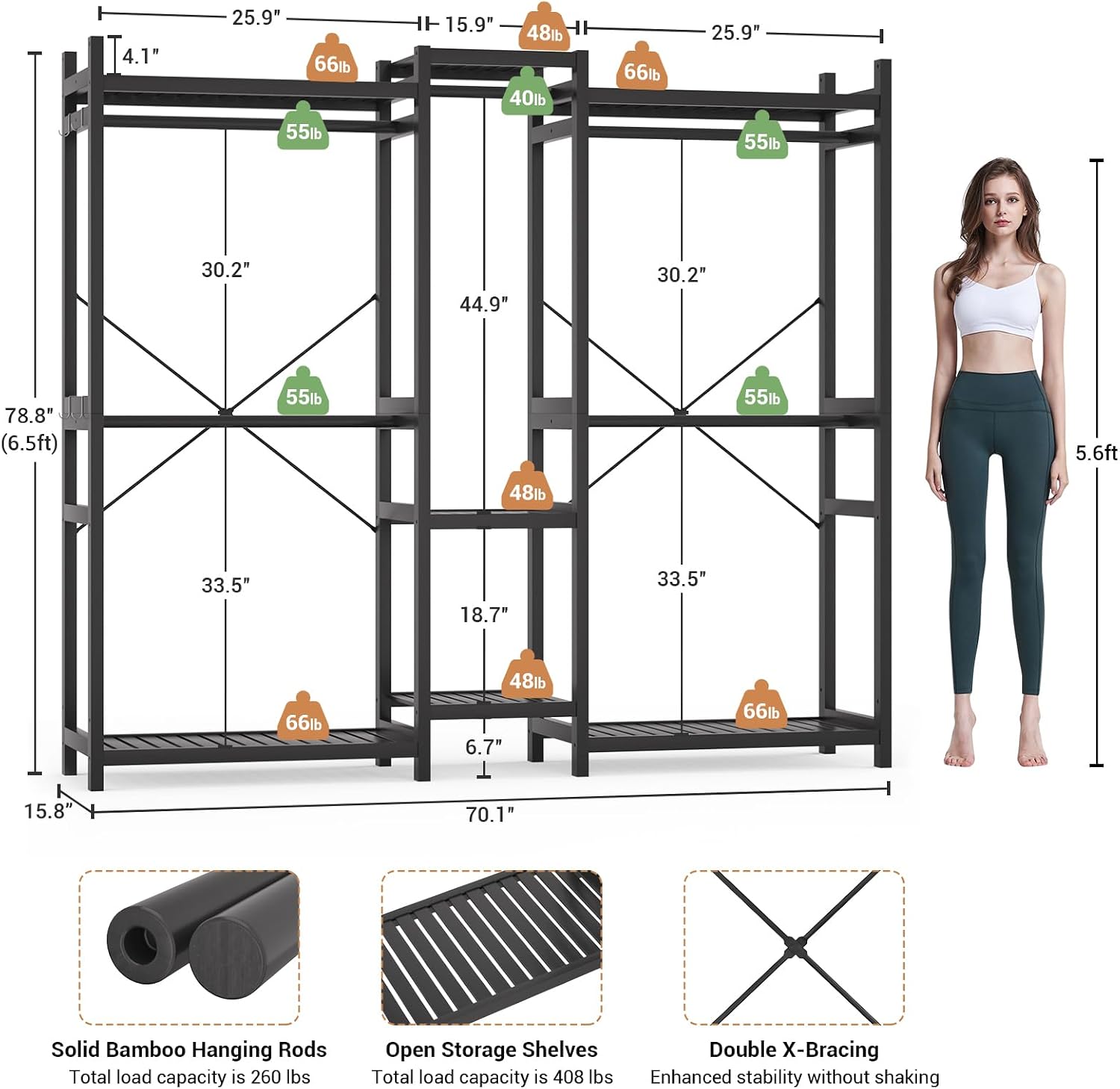 Homykic Bamboo Closet System, Large Clothing Rack for Hanging Clothes, Freestanding Clothes Rack with 7 Shelves & 5 Hanging Rods, Open Wardrobe Closet Organizer Garment Rack with 4 Hooks, Dark Black