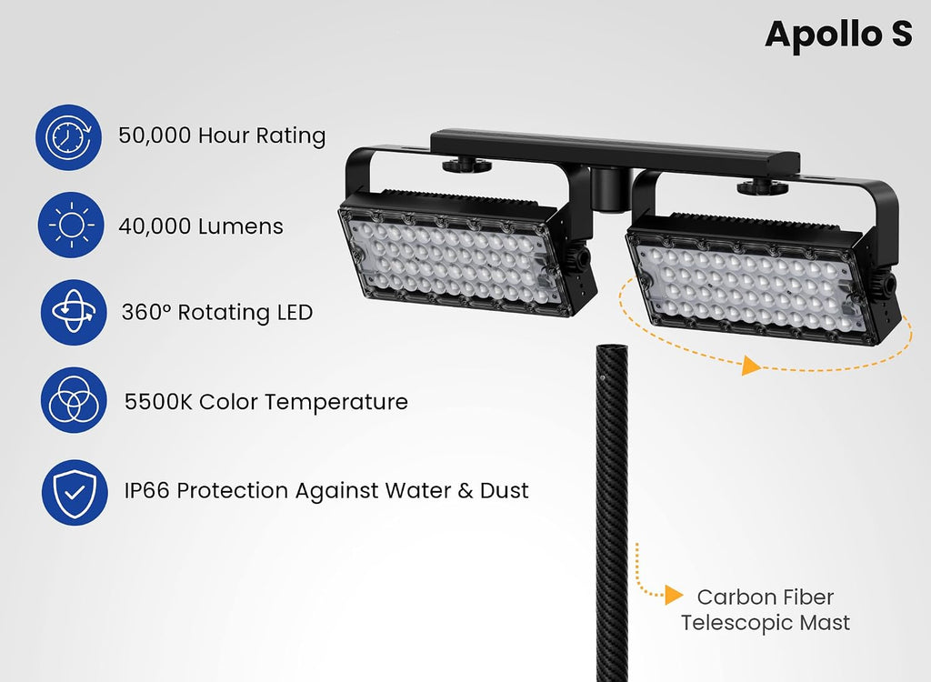Eversun Apollo S Portable Lighting Three Tower Bundle for Tennis, Handball, or Basketball | Up to 120,000 Lumens Total | Up to 10hr Battery Life | 5-20ft Tall | AC & Battery Powered | Made in USA