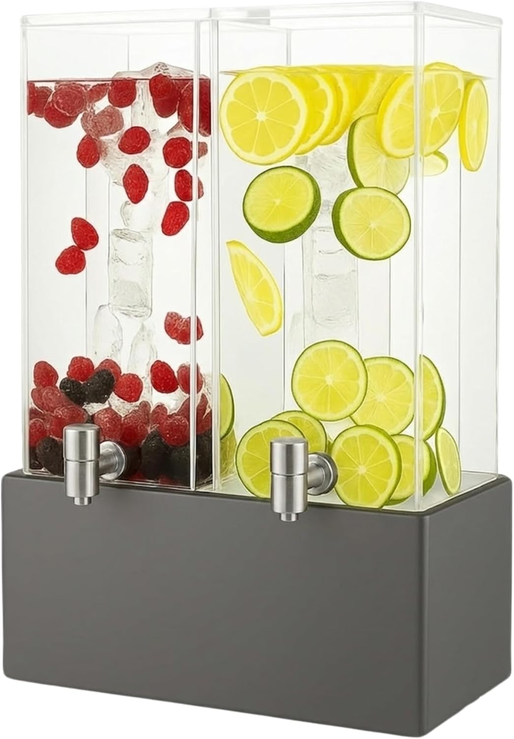 1.25 Gallon Dual Acrylic Beverage Dispenser with Gray Metal Stand – 2-Drink Server with Ice Chambers & Stainless Steel Spouts