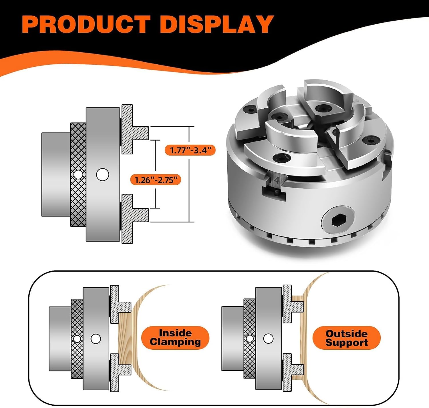 3.75-Inch 4 Jaw Wood Turning Lathe Nickel Plated Chuck and Cutting Jaws Kit with T-Wrench and 6 Corner Star Fasteners 1 Inch x 8TPI