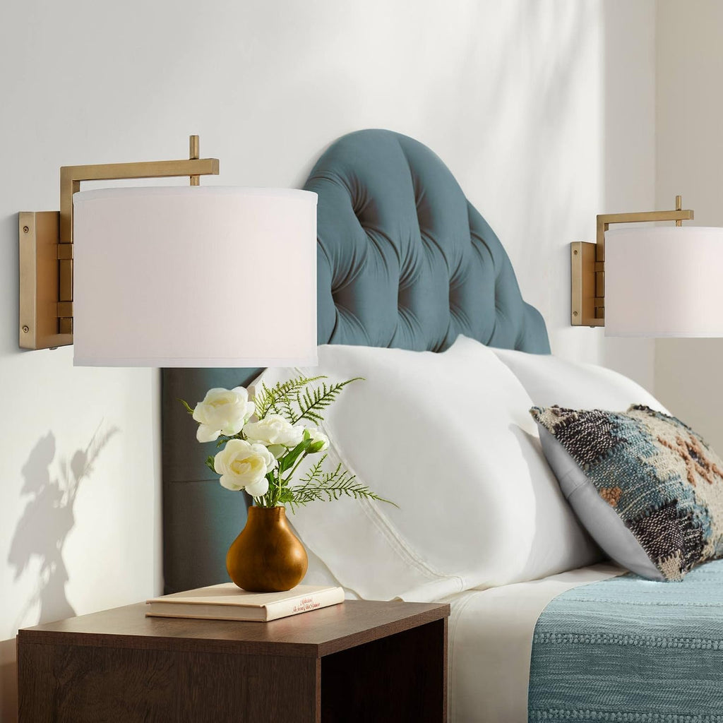 360 Lighting Adair Mid Century Modern Wall Lamps Set of 2 Warm Brass Gold Metal Plug-in 12' Fixture Linen Drum Shade for Bedroom Bedside House Reading Living Room Home Hallway Dining Decor