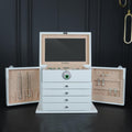 White Wood Jewelry Box, Large Size, Fingerprint Unlock, Seven Level Jewelry Organizer with Necklace Hanger and Mirror, High Gloss Lacquer Finish (5L-WT)
