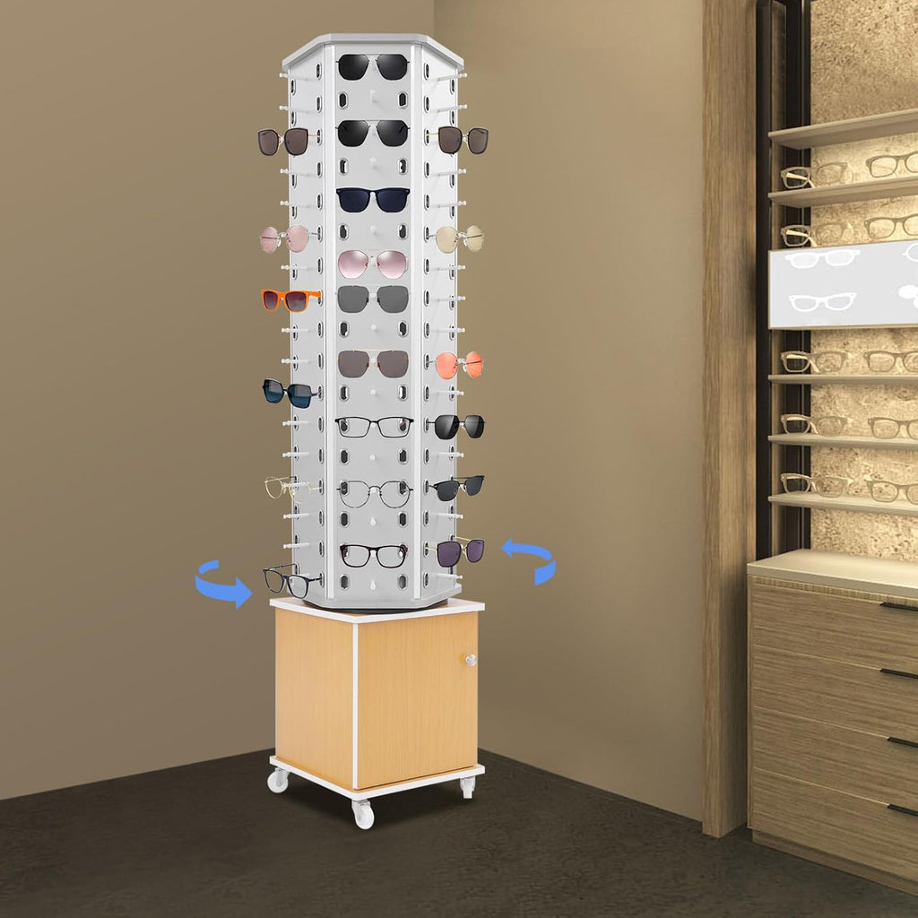 102 Pairs Rotating Glasses Display Stand, Eyewear Storage Organizer with Cabinet & Wheels, Commercial Sunglasses Display Rack, Optical Shop Glasses Holder (Silver+Yellow)