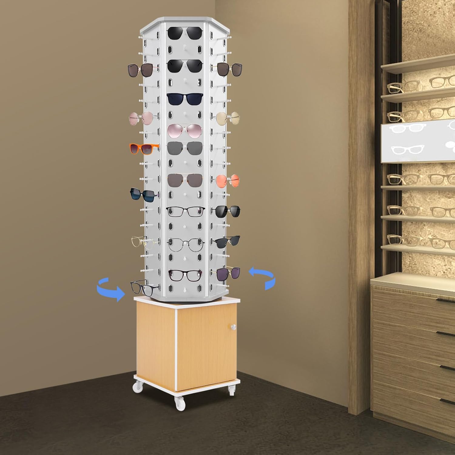 102 Pairs Rotating Glasses Display Stand, Eyewear Storage Organizer with Cabinet & Wheels, Commercial Sunglasses Display Rack, Optical Shop Glasses Holder (Silver+Yellow)