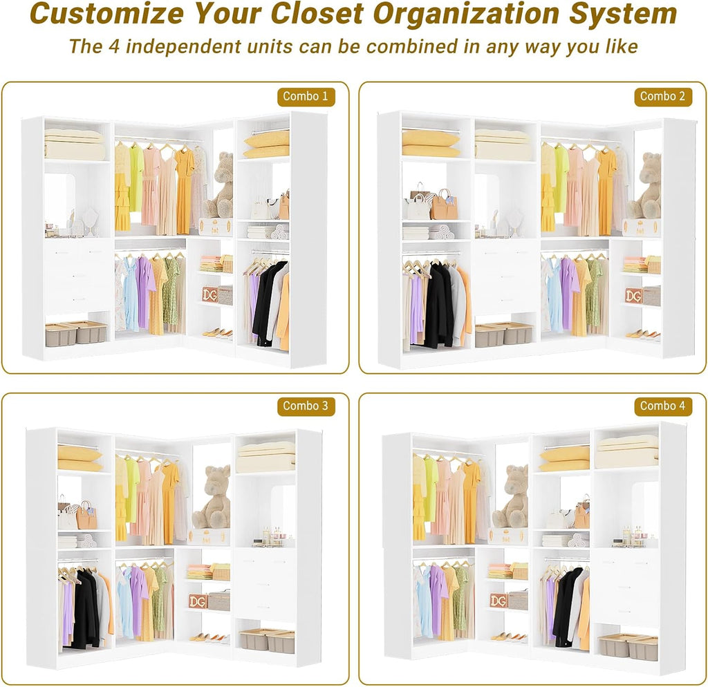Unikito 86' Closet System, Large Corner Closets Organizer with Hanging Rods and Mirror Design, Freestanding Adjustable Wood Clothes Garment Rack with Drawers, Sturdy Walk in Closet Tower, White