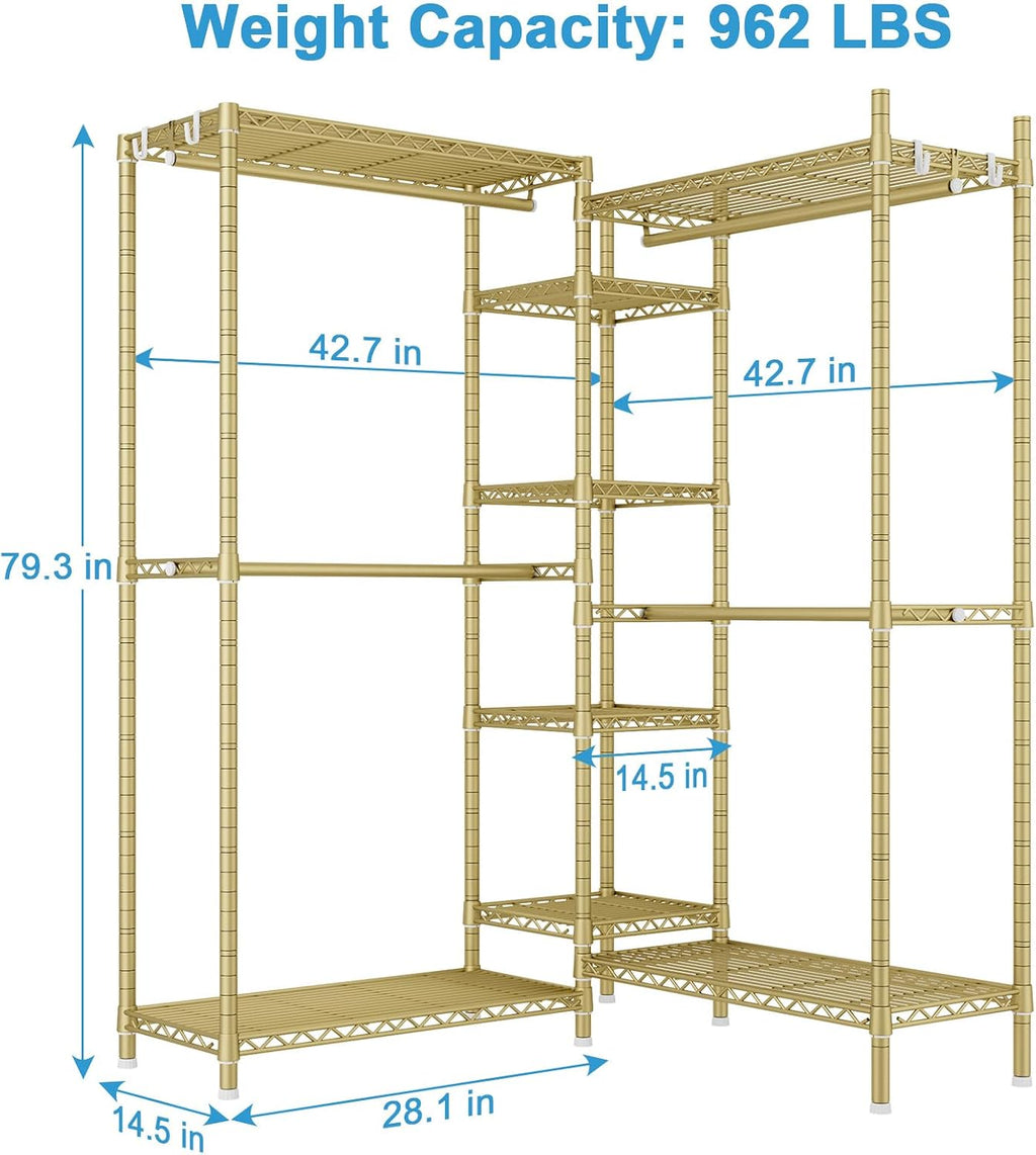 Ulif E4L Corner Clothes Rack, L Shaped Garment Rack, Heavy-Duty Freestanding Closet System with Shelves and Hangers, Max Load 962lbs, 42.7' W x 42.7' D x 79.3' H, Gold