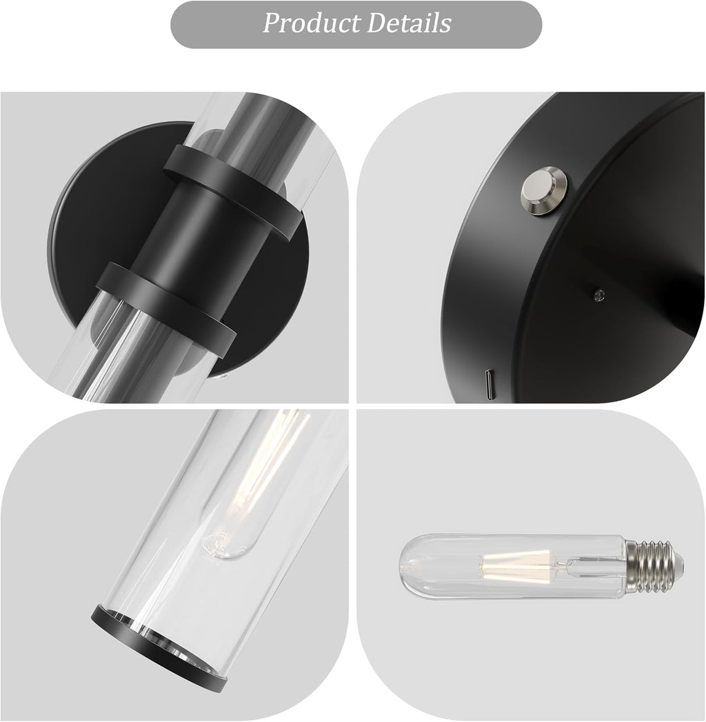 Rayogale Black Wireless Battery Operated Wall Sconces with Remote Control | Glass Rechargeable Wall Lights Set of 2 with Timer Function Dimmable for Living Room Bedroom Emergency 3000K, 20.5 Inch