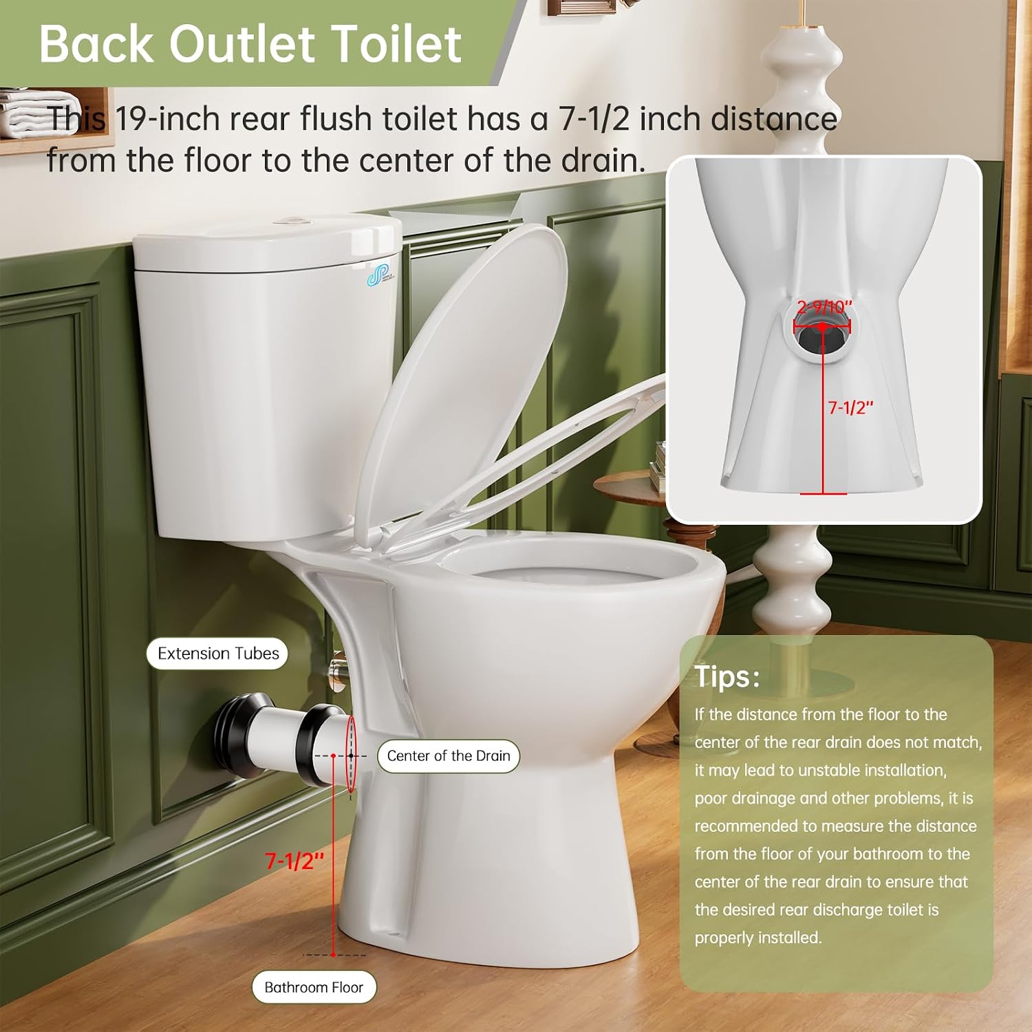 Simple Project Rear Outlet Toilet with Tank, 19 Inch ADA Rear High Toilet, Dual Flush 1/1.28GPF Back Discharge Tall Toilet with Comfort Soft Close Seat for Seniors -Includes Extension Pipe