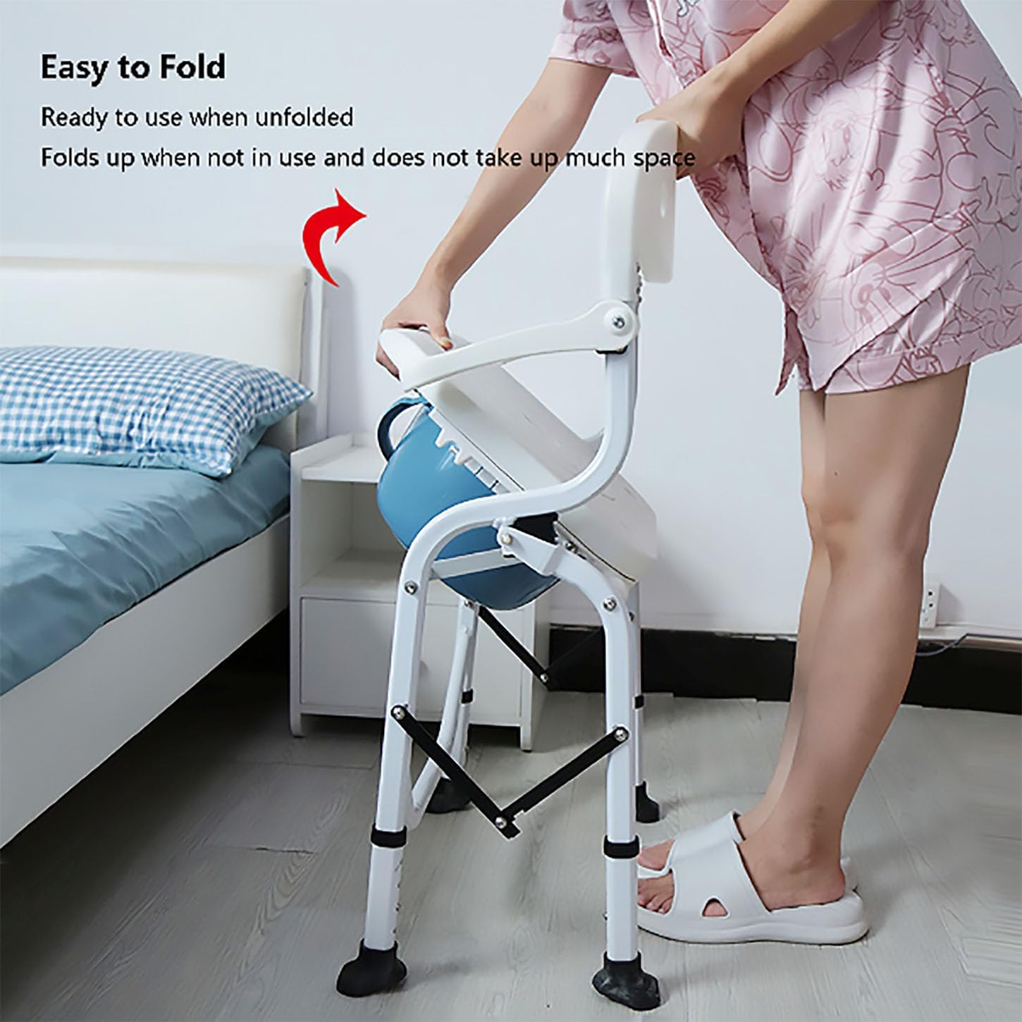 Shower Chairs for The Disabled,Bedside Toilet Chair with Anti-Slip Armrests,Foldable Commode Toilet,4 Levels Height Adjustable,Adult Potty Chair,No Installation Required