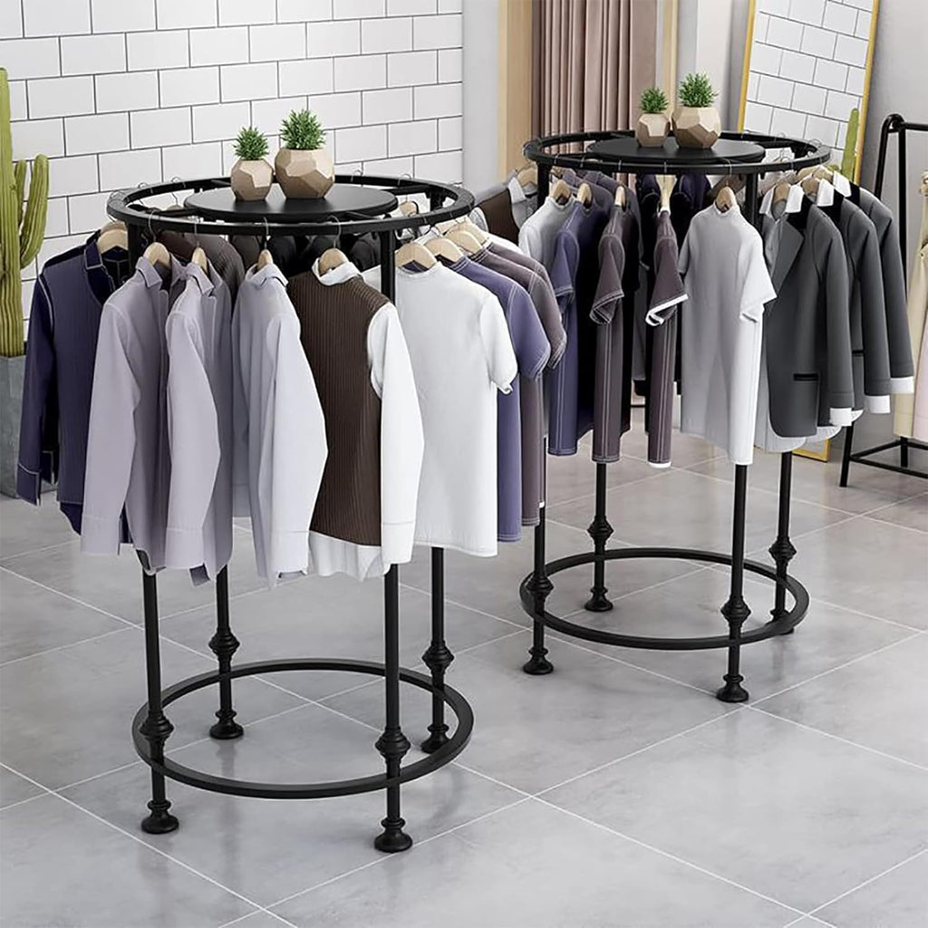 Freestanding Round Garment Display Retail Rack, Floor-Standing Double Space Multi-Purpose Metal Shelf for Clothes Storage, Commercial Clothing Organizer in Retail Boutiques (Black, 23.6'x 51.2')