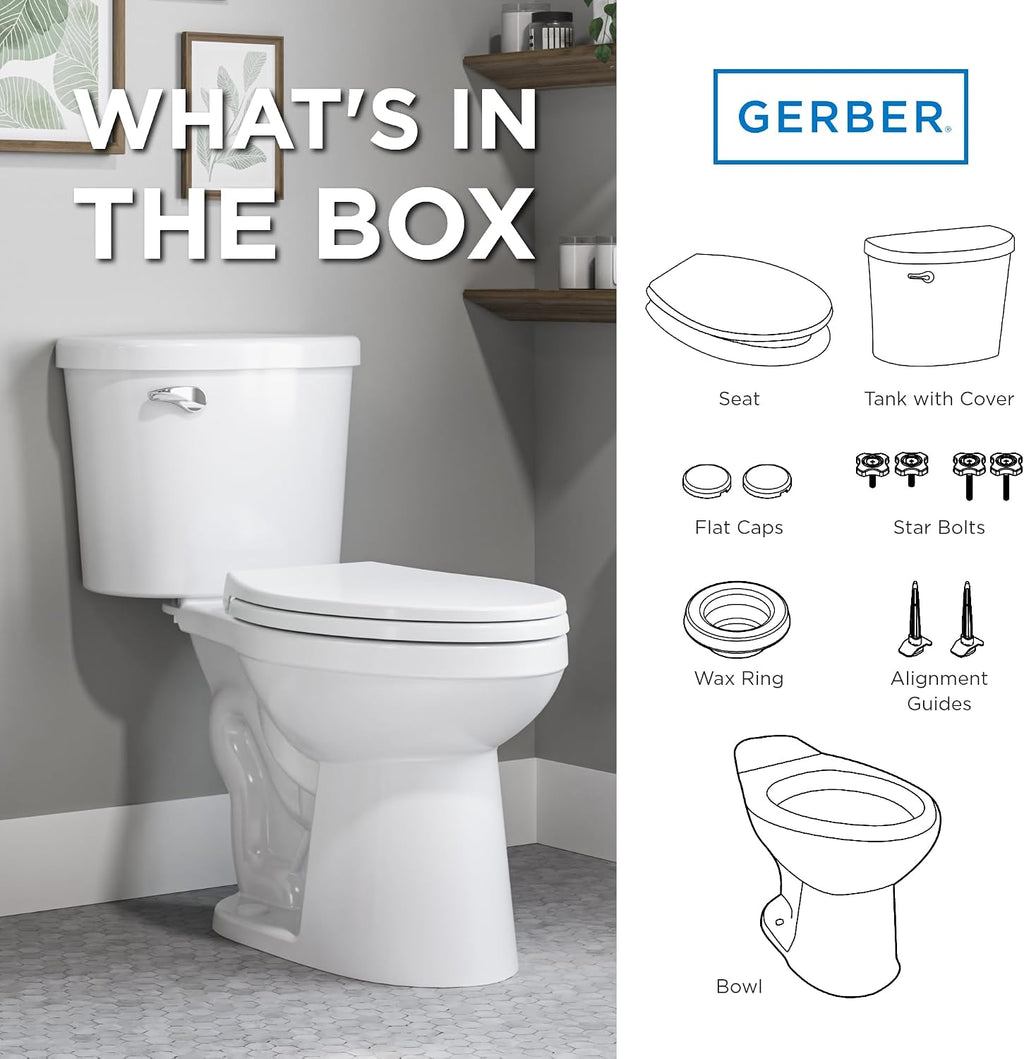 Gerber Maxwell Crest Two-Piece Toilet Elongated with 12-in Rough-in, ADA-Compliant Chair Height, High Efficiency 1.28 GPF, Soft-Close Seat and Install Kit with Wax Ring Included, White, GRS48310