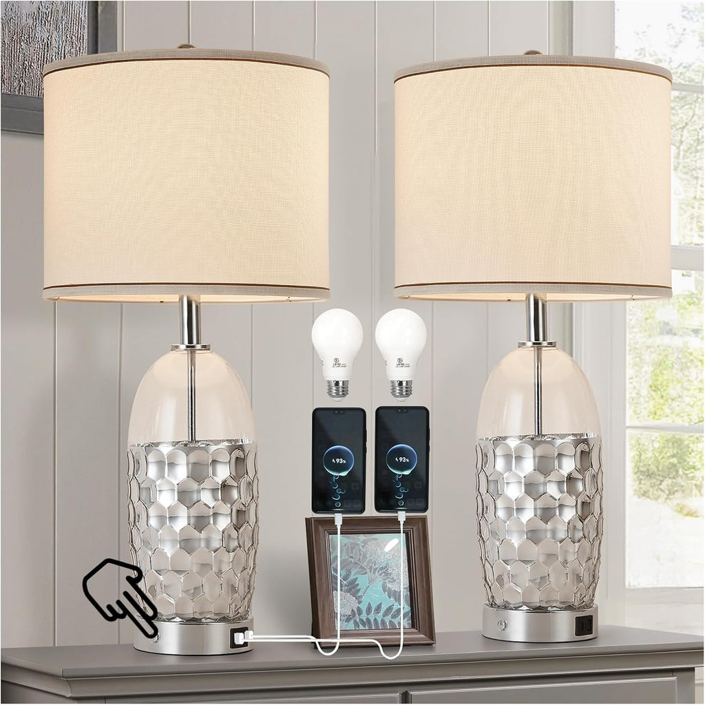 Modern Glass Table Lamps, 3-Way Dimmable Touch Control Bedroom Lamps for Nightstands，Bedside Lamps Set of 2 with USB A+C Ports,Living Room，Home，Office with Linen Shade (Bulbs Included)