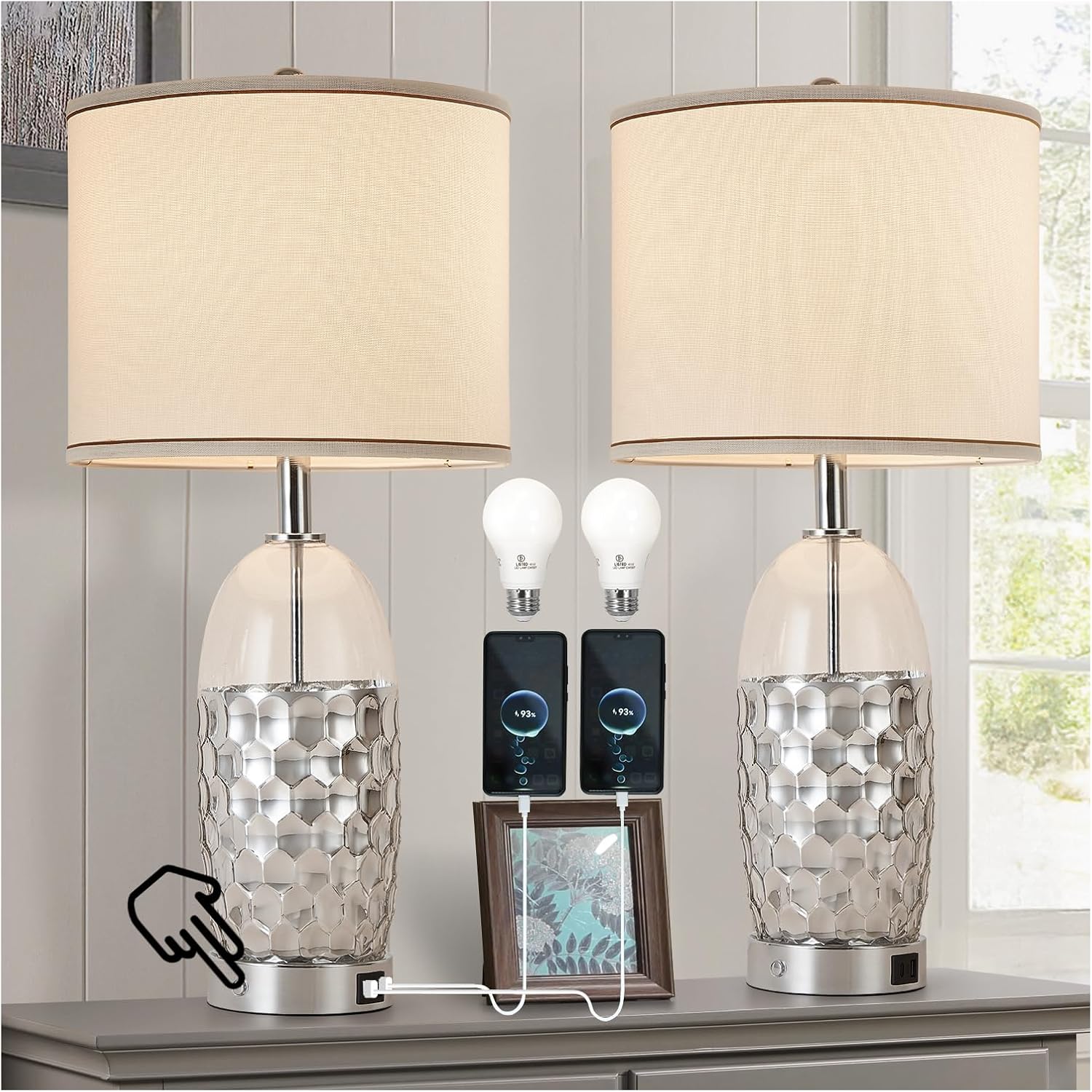Modern Glass Table Lamps, 3-Way Dimmable Touch Control Bedroom Lamps for Nightstands，Bedside Lamps Set of 2 with USB A+C Ports,Living Room，Home，Office with Linen Shade (Bulbs Included)