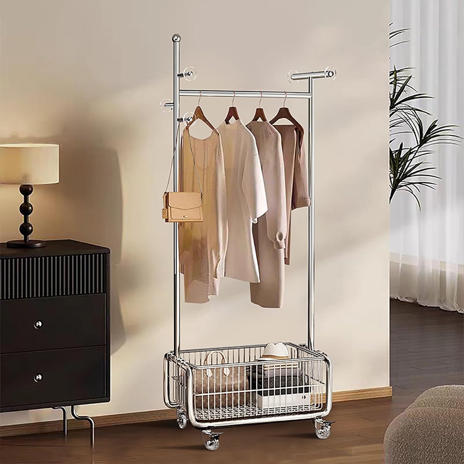 Rolling Garment Rack With Wheels, Clothing Racks, Heavy Duty Clothes Rack With Storage Basket, Portable Clothes Organizer, For Bedroom Entry Hall(98cm/38.6in)