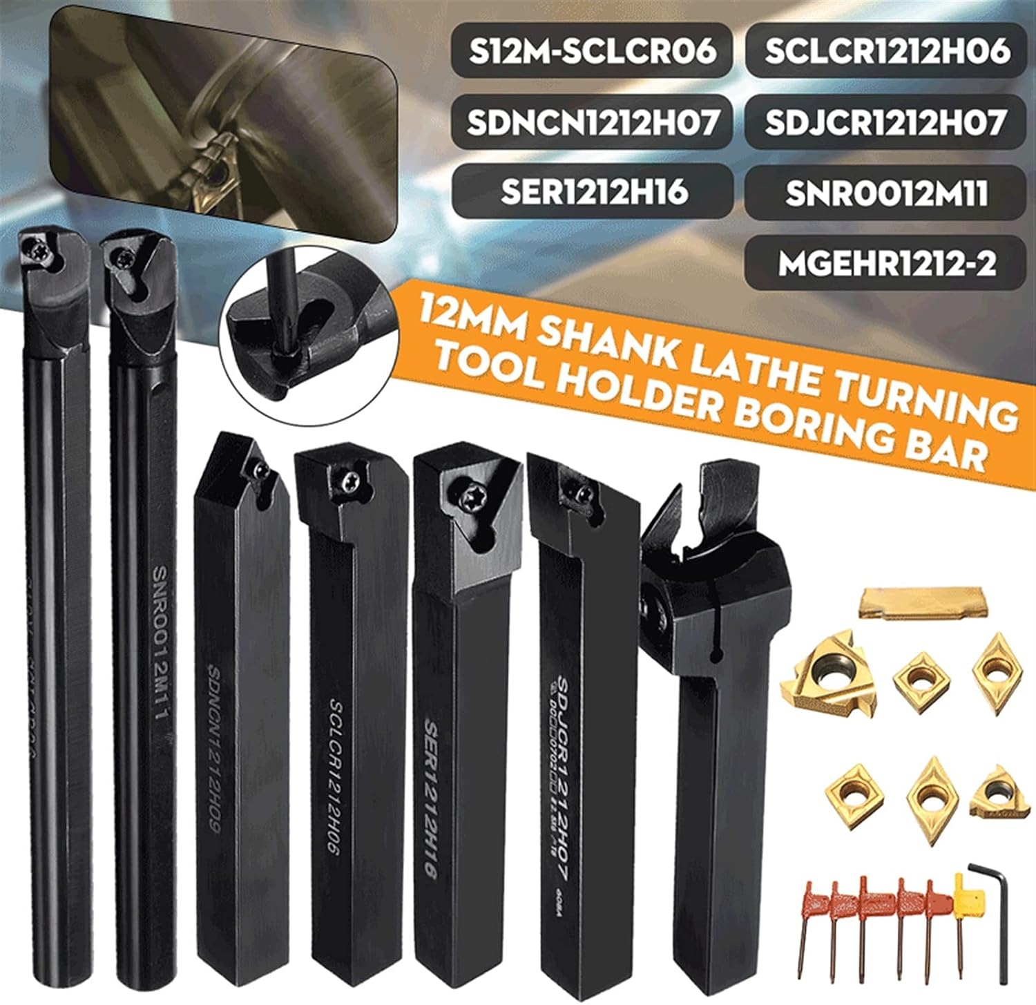 YFCDZVBH 7 Set Lathe Boring Bar Turning Tool Holder Set, with Carbide Inserts 12mm Shank 45HRC