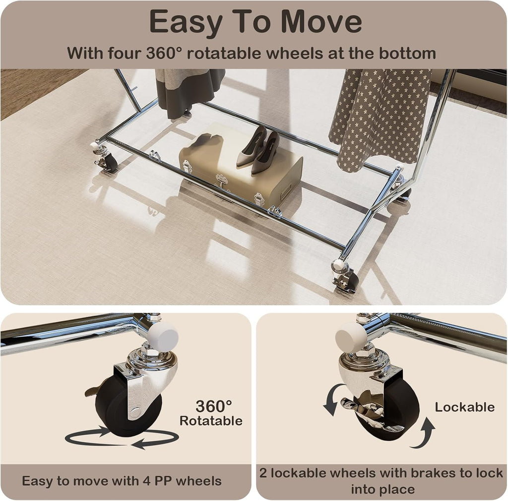 Clothes Rack With Wheels Garment Racks For Hanging Clothes Metal Portable Rack Heavy Duty One-Piece Bar Collapsible Rack For Bedroom Living Room Balcony
