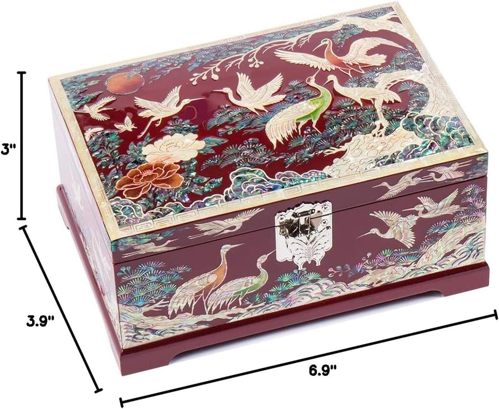 Antique Alive Mother of Pearl Inlay Design Jewelry Box, Wood Jewelry Box, Trinket Case, Keepsake Treasure Chest Box Organizer Holder (Pine Red)