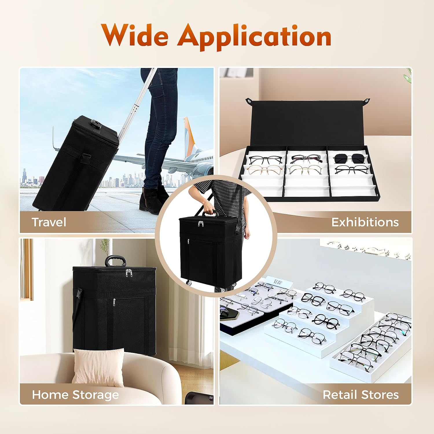 180 Slot Eyeglasses Storage Trolley Case, Optical Gasses Frame Display Trolley Case with 4 Wheels, Portable Eyewear Storage Collector Display Trolley Suitcase with 12 Independent Trays, Smooth Zip