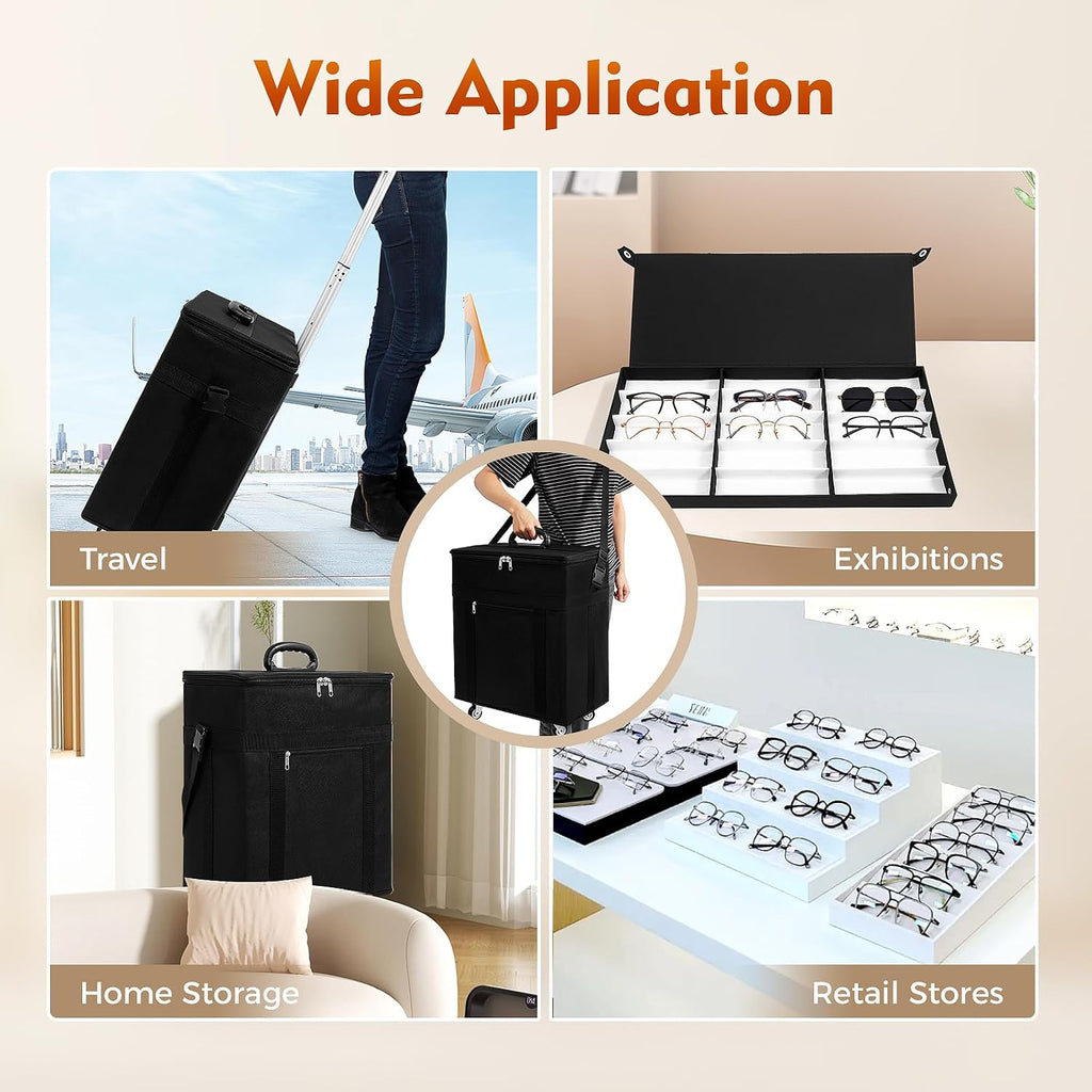 180 Pairs Eyeglasses Storage Trolley Case, Retractable Portable Optical Glasses Case Pull Rod Box Eyeglasses Display Organizer with 4 Wheels and 12 Independent Trays