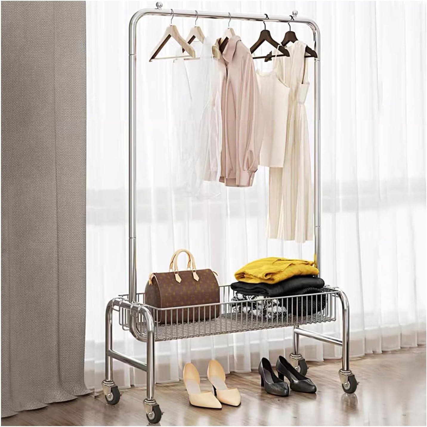 SKVLF Modern Heavy Duty Metal Clothes Rack with Storage Basket, Chrome, 118X40X168CM, 280 LBS Capacity, For Coats, Clothes, Shirts, Pants