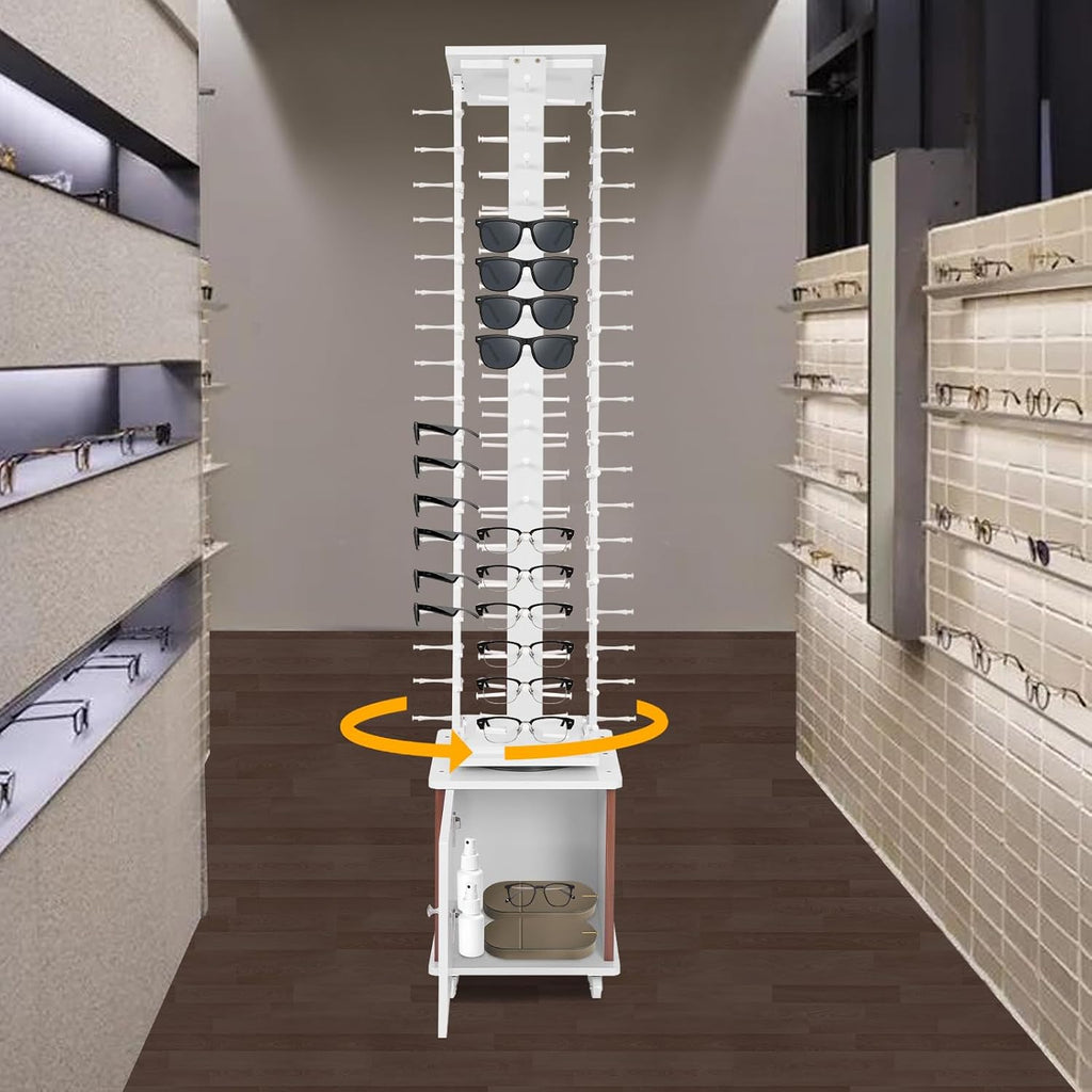 Rotating Glasse Display Stand,72 Pairs Floor-Standing Sunglasses Display Rack w/4 Swivel Wheels,Rotating Eyewear Holder Sunglasses Organizer (White)