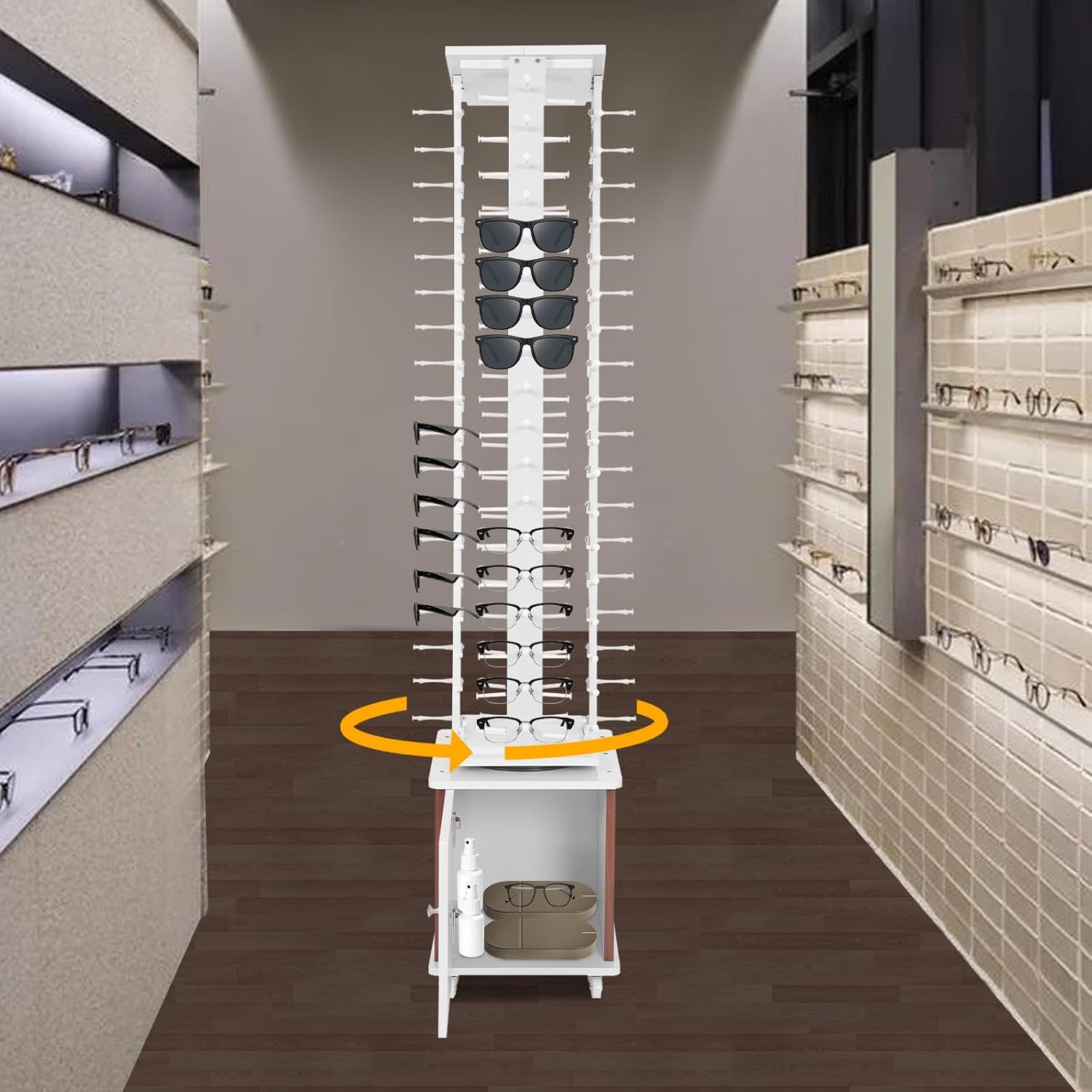 Rotating Glasse Display Stand,72 Pairs Floor-Standing Sunglasses Display Rack w/4 Swivel Wheels,Rotating Eyewear Holder Sunglasses Organizer (White)