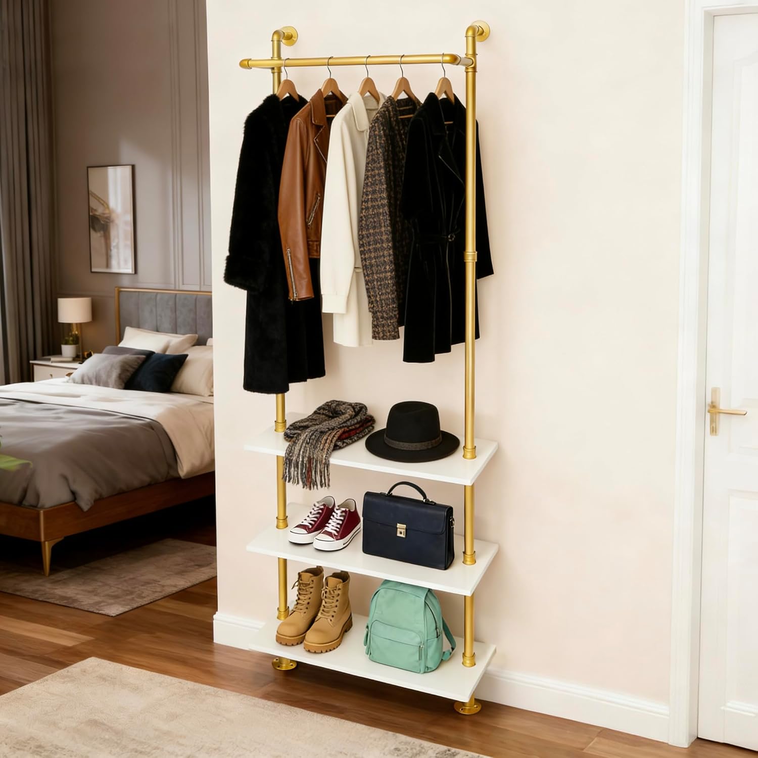 Gold Clothing Racks Wall Mounted Metal Clothes Rack with 3 Wood Shelves, Display Retail Clothing Garment Rack and Walk In Closet for Hanging Clothes Heavy Duty for Boutiques, Wardrobe, Bedroom