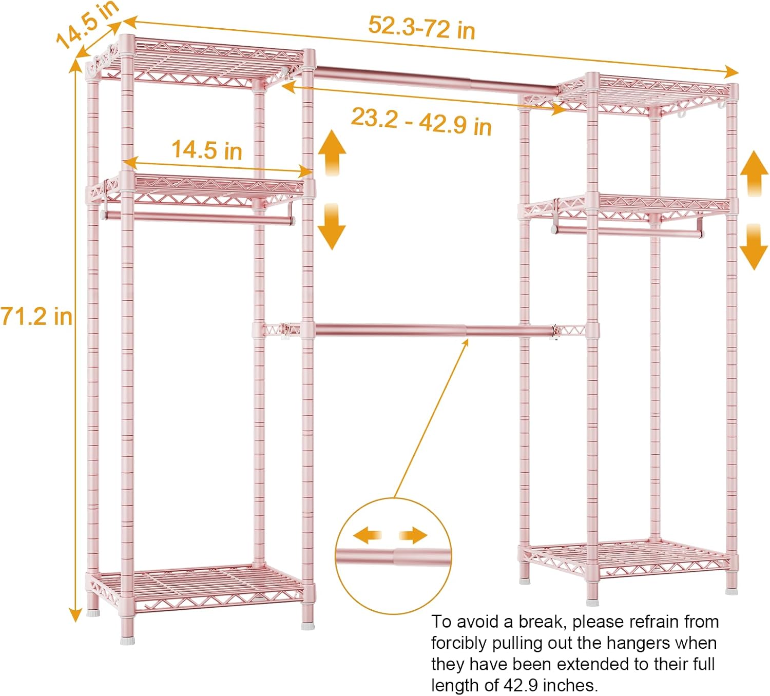 Ulif E7 Garment Rack, Heavy Duty Clothes Storage System with Extendable Hangers Rods, Metal Clothing Rack with 6 Wire Shelves, (52.3'-72') W x 14.5' D x 71.2' H, Load 838lbs, Pink