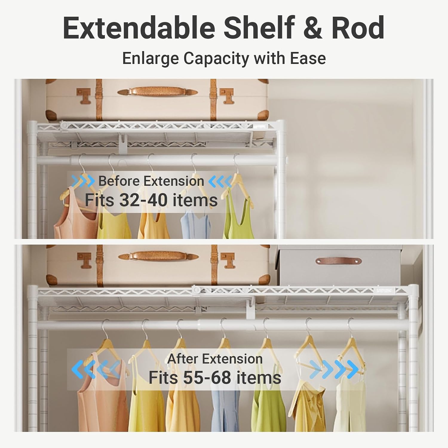 VIPEK X1 Plus Expandable Reach-in Closet Adjustable from 2'8' to 4'6' with Adjustable Shelves and Hanger Rods Clothes Rack Heavy Duty, Metal Clothing Racks Portable Walk-in Closet, White