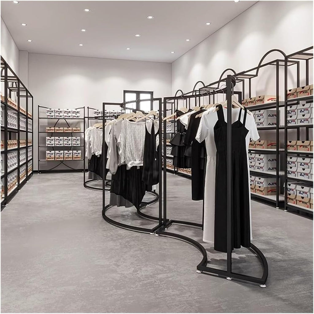 Garment Rack Clothing Display Rack - Half Round Floor Standing Clothes Rail for Retail Stores - Durable Black Curved Combination Design - Ideal for Organizing Clothing