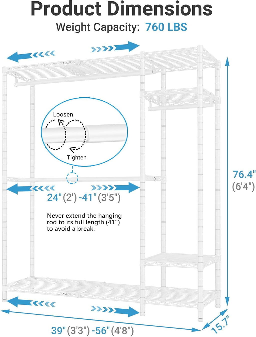 VIPEK X20 Expandable Metal Clothing Rack Adjustable from 3'3' to 4'8' Heavy Duty Garment Racks with Adjustable Shelves and Hanger Rods Portable Wardrobe Open Closet Rack System, White