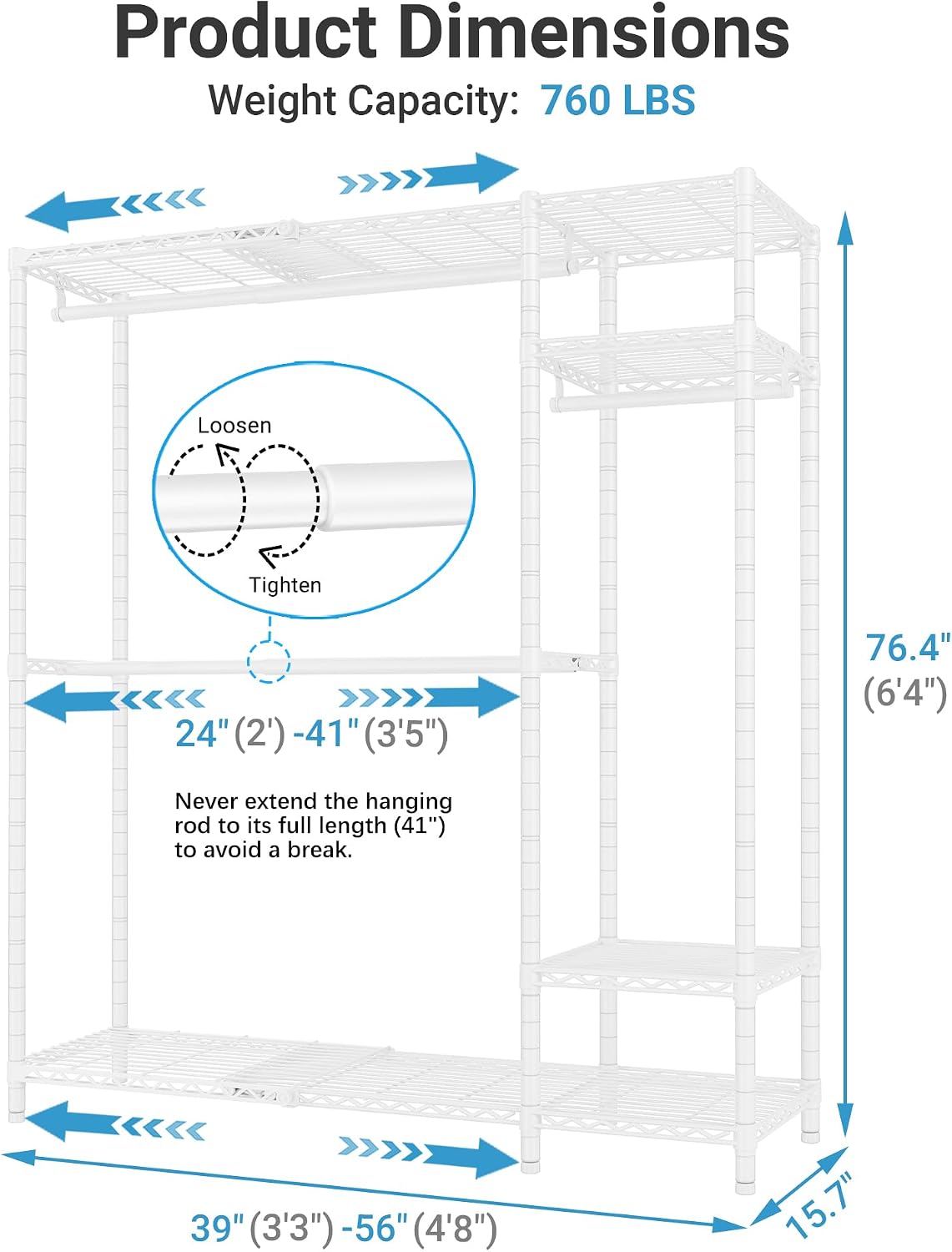 VIPEK X20 Expandable Metal Clothing Rack Adjustable from 3'3' to 4'8' Heavy Duty Garment Racks with Adjustable Shelves and Hanger Rods Portable Wardrobe Open Closet Rack System, White