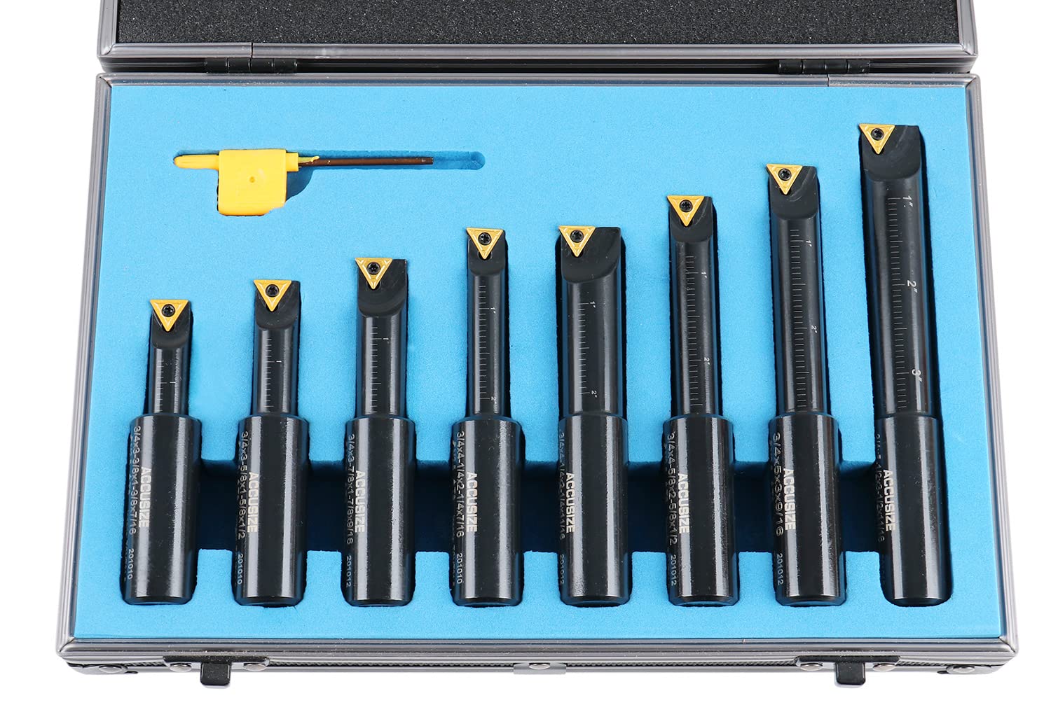 Accusize Industrial Tools Round Shank Indexable Boring Bar, 3/4 in | 8-Piece Set with TCMT 21.5 and TCMT 22 Carbide Inserts, 90 Degree, Bore Depth 1-3/8 in to 3-1/2 in, 2627-9108