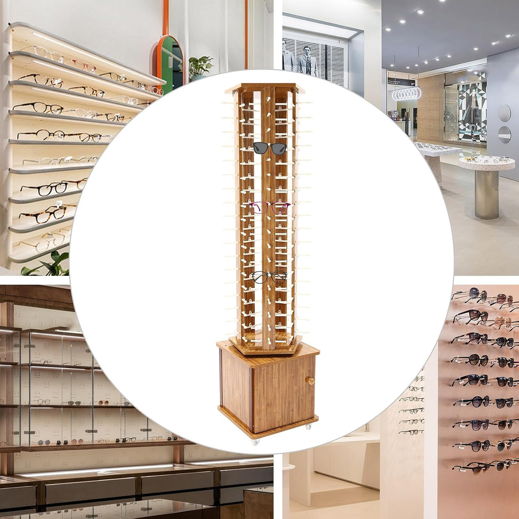 90 Pairs Sunglasses Rack Floor Standing Rotating Glasses Display Stand 5-Sided Wood Eyeglasses Holder with Wheels and Storage Cabinet Mobile Commercial Eyewear Organizer (Dark Brown)