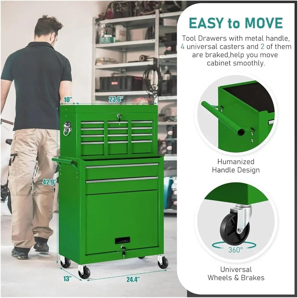 Tool Box Rolling Tool Chest, 8-Drawer Tool Box, 2 in 1 Detachable Tool Chests & Box, Portable Steel Tool Cabinets w/Lockable Wheels & Sliding Drawers for Warehouse, Garage Hardware Toolbox