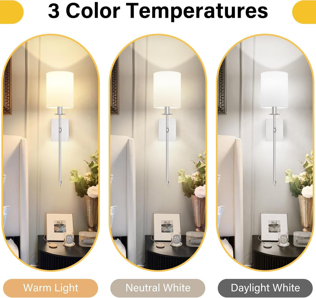 27 Inch Battery Operated Wall Sconces Set of 2 with Remote, Brushed Nickel Rechargeable Wireless Wall Lights with White Fabric Shade, Cordless Wall Lamps with Dimmable Detachable Bulbs for Bedroom