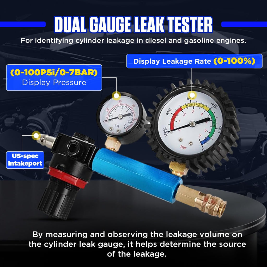 Compression and Leakage Test Kit 47PCS Petrol & Diesel Engine Compression Tester Automotive Cylinder Leak Down Tester Kit with Dual Gauge Engine Compression Tester Kit for HDi, TDCi, Pumpe Duse Engine