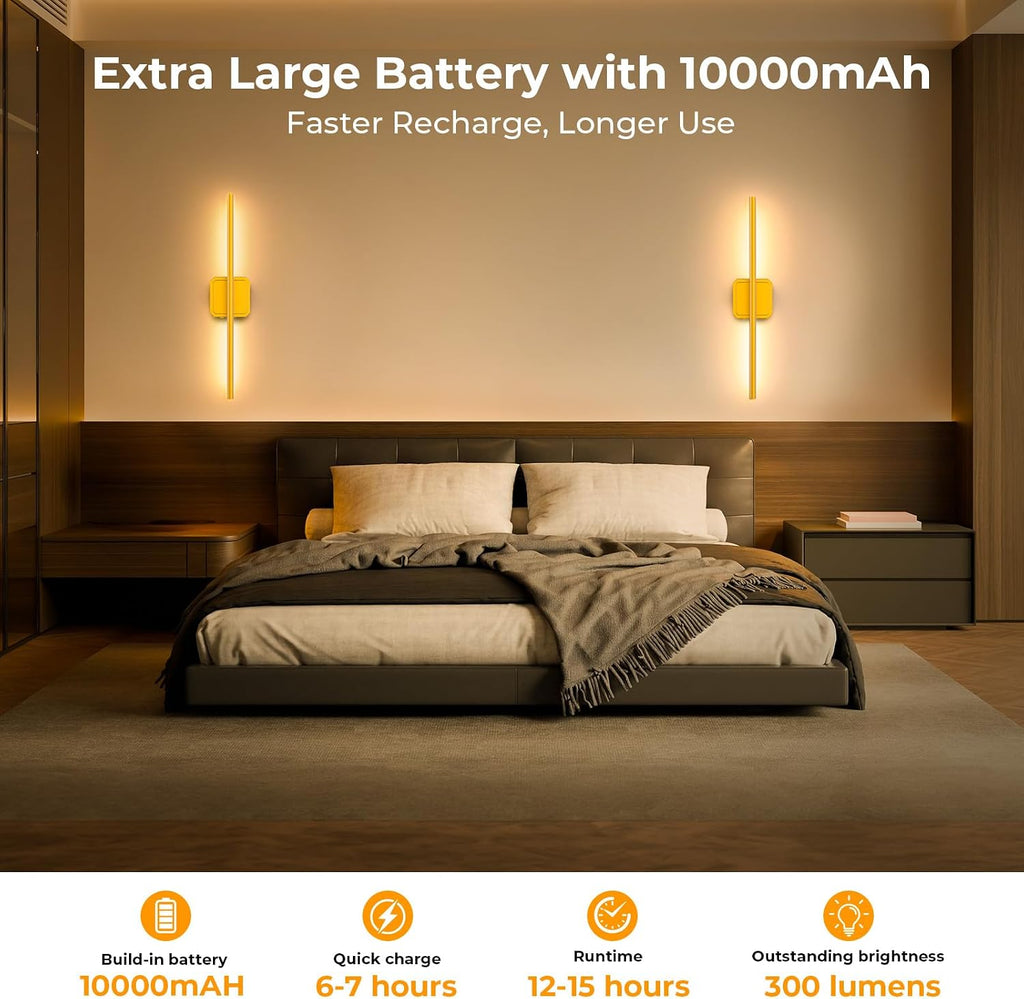 GvvooHome Battery Operated Wall Sconce Detachable 360°Rotate, Wireless Wall Lamp 3000-6500K Dimmable, 10000mAh Rechargeable Wall Light for Bedroom, Living Room，28.3' Black Gold 4 Pack