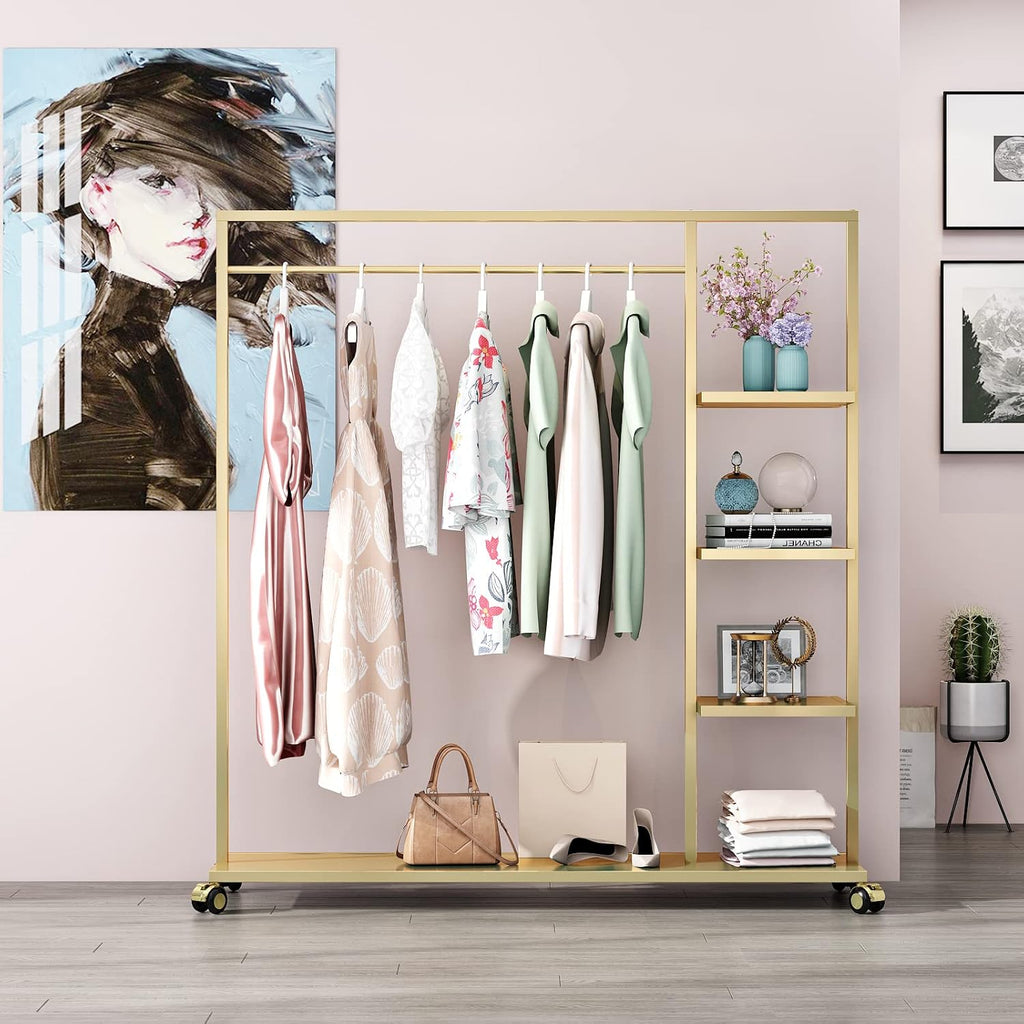 Gold Clothing Racks with Shelf, Boutiques Retail Display Gold Clothes Rack, Multiple Uses Heavy Duty Garment Rack for Hanging Rods for Home and Retail