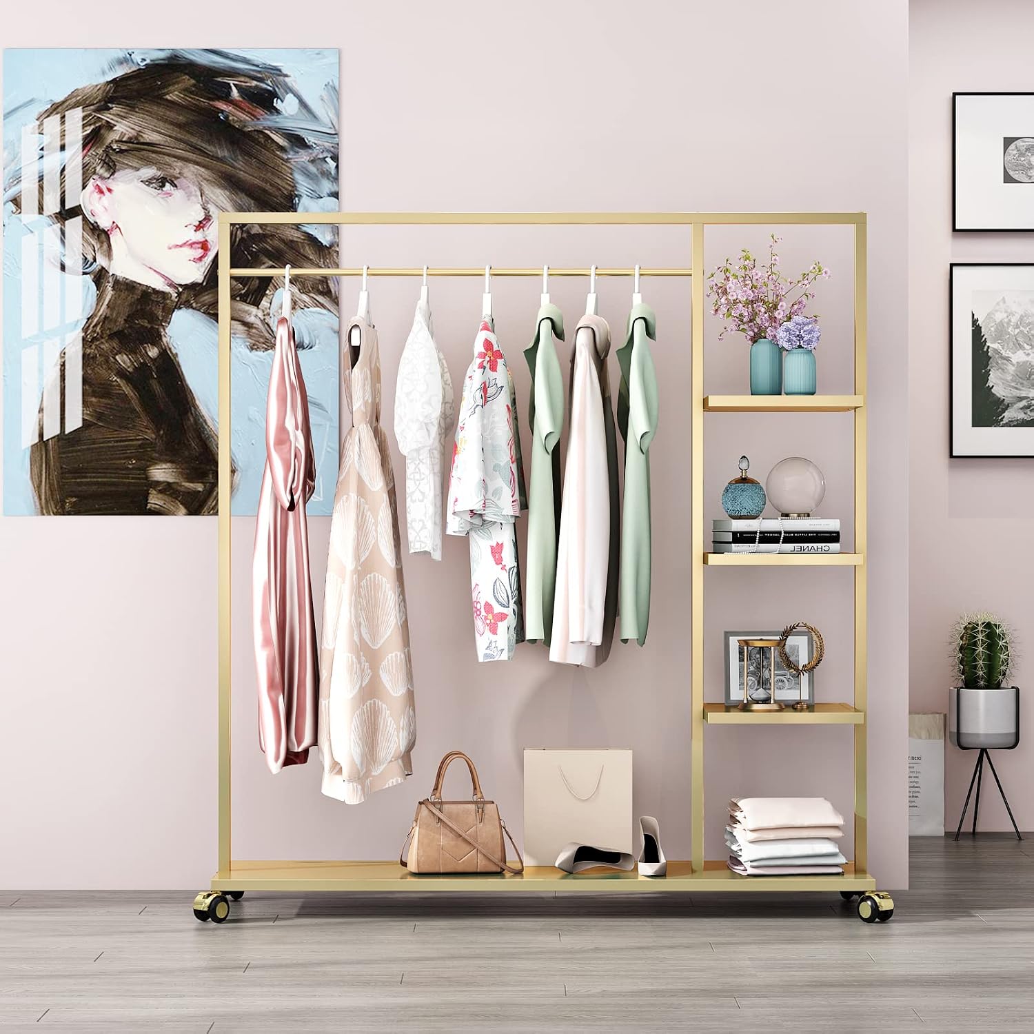 Gold Clothing Racks with Shelf, Boutiques Retail Display Gold Clothes Rack, Multiple Uses Heavy Duty Garment Rack for Hanging Rods for Home and Retail