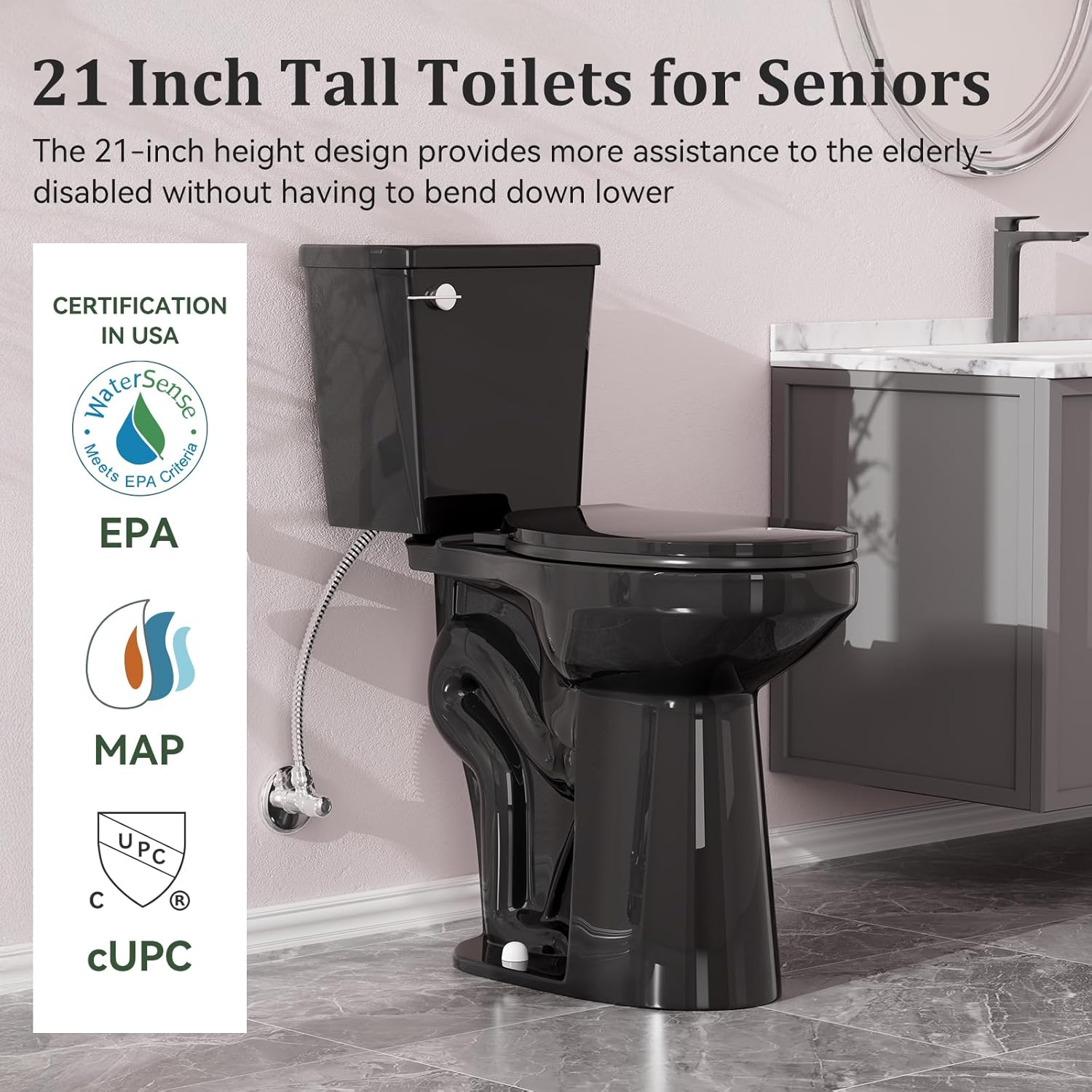 Simple Project Tall Toilet for Seniors 21 inch Extra High Toilets, Comfort Bowl Heigh 21', Seat Height 22', Two-Piece Toilet 1.28GPF Powerful, 12 Inch Rough-in, Black Color, Ada Toilets for Bathroom