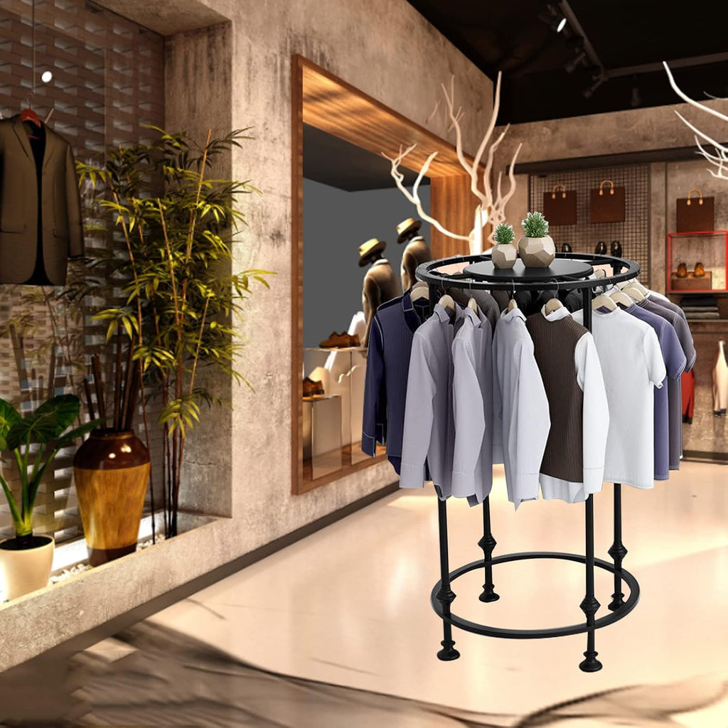 Round Garment Rack, Floor Standing Iron clothes Hanging Rack with Topper, Suitable for Large Shopping Malls Retail, Clothes Boutique Display Laundry Rooms Multi-Purpose Hanging (BLACK)
