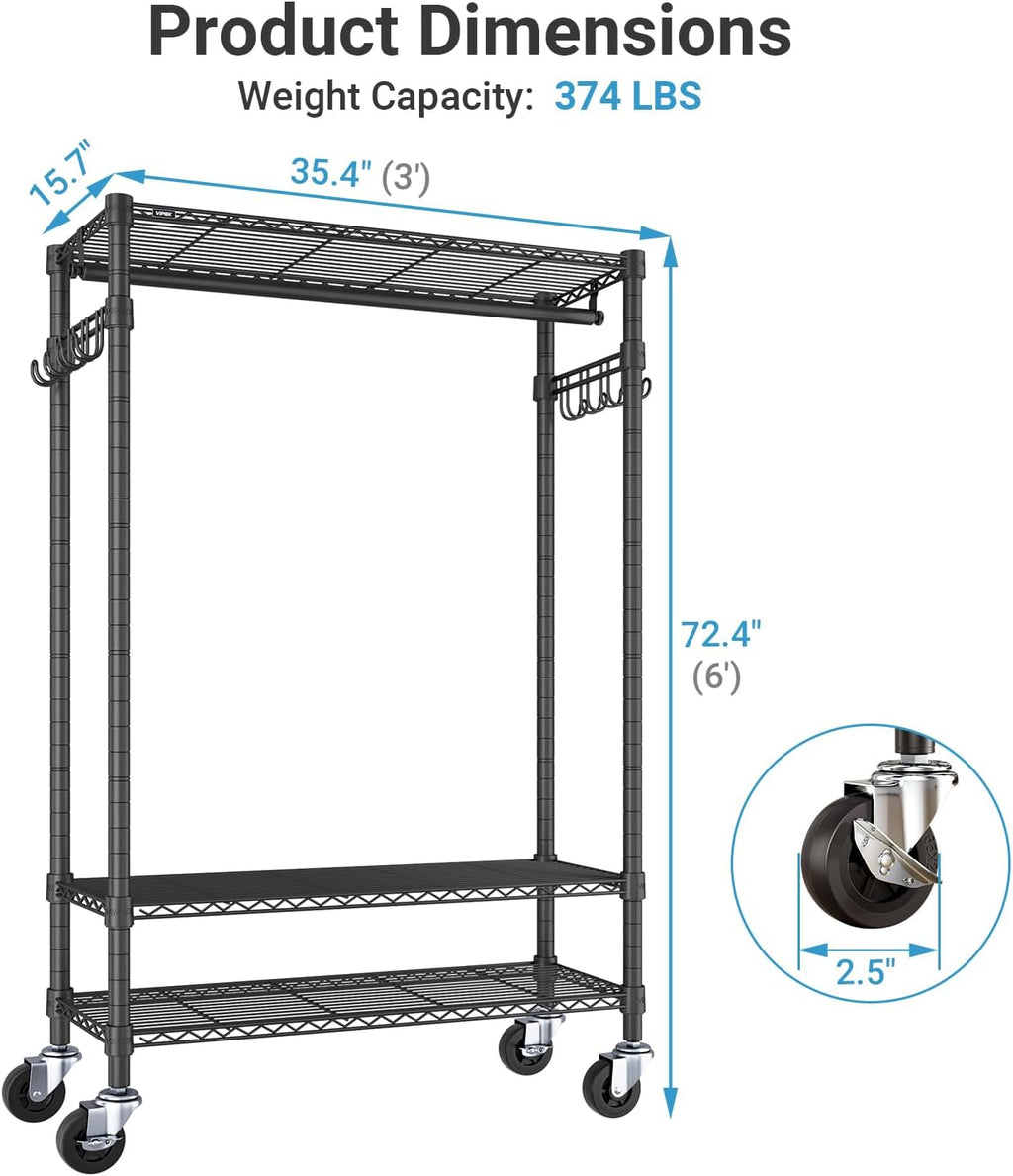 VIPEK R3C Rolling Clothes Rack With Cover Portable Closet for Hanging Clothes, Heavy Duty Garment Rack Freestanding With Wheels & Side Hooks, Black With Upgraded Polyester Cover