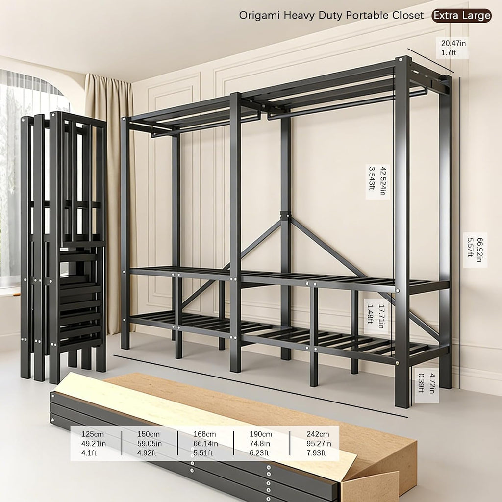 95.3in Foldable Portable Wardrobe Closet with Cover, Heavy Duty Clothing Rack for Hanging Clothes has 59in Vertical Storage Space, Coffee Metal Garment Rack (Coffee)