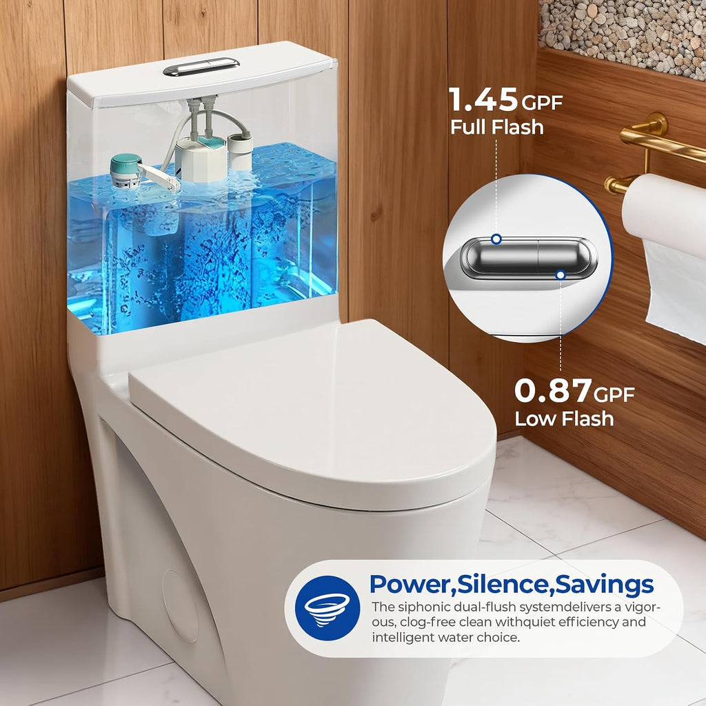 Standard One Piece Toilet with Powerful Flush, Dual Flush 0.87/1.45 GPF, Comfort Height Bathroom Toilet, Modern White Ceramic Commode with Soft-Close Seat and Lid, Easy-clean, 12' Rough-In