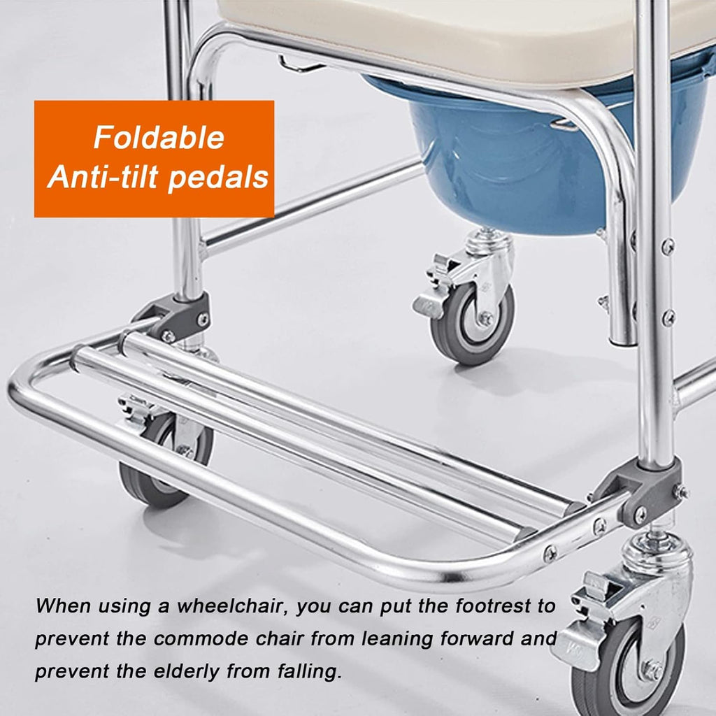 Wheeled Commode Chair for Elderly & Disabled Foldable Shower Toilet Chair with Padded Seat Lockable Casters & Detachable Pot for Convenient Transport & Use