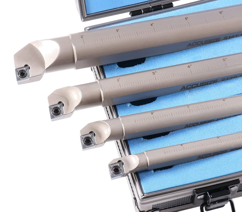 Accusize Sclcr Indexable Boring Bar Set, 1/2', 5/8', 3/4', 1' for Aluminum | 4 Pc Set with 14 CCGT32.51 AKH01 Carbide Inserts, Right Hand, Negative 5° Angle, 45HRC, Torx Screw Retention, P252-S528