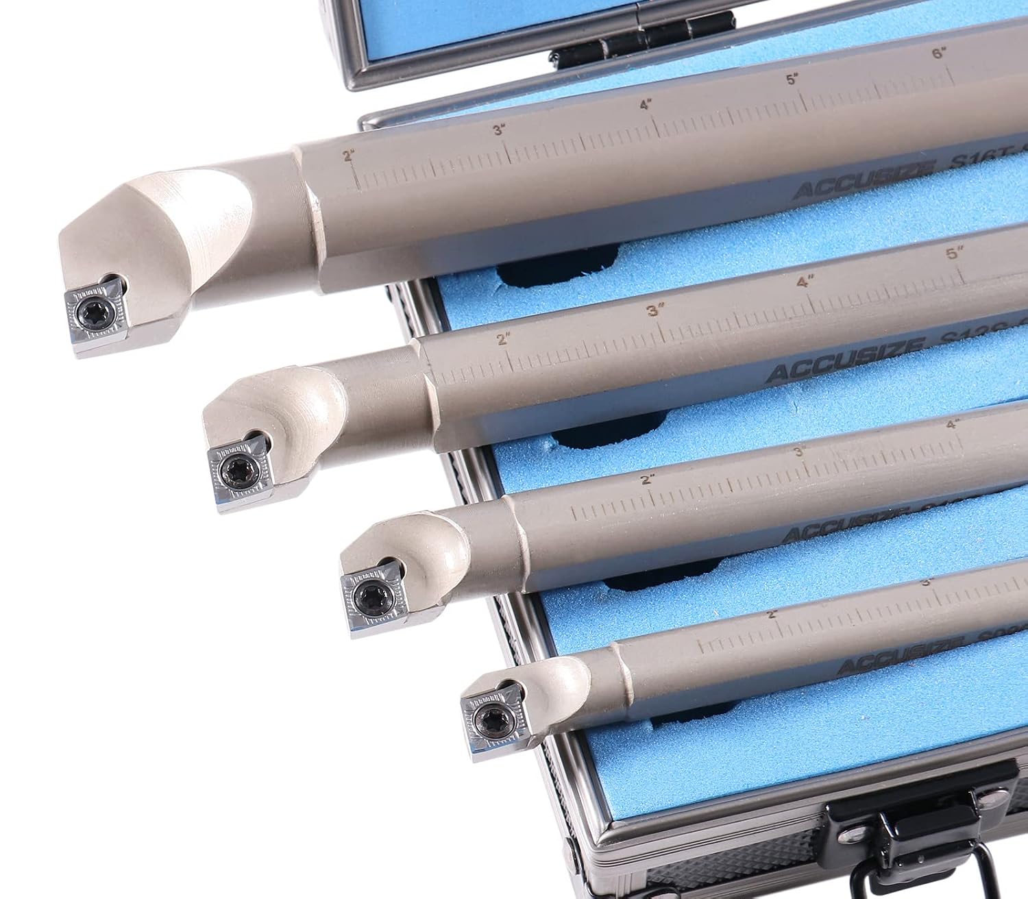 Accusize Sclcr Indexable Boring Bar Set, 1/2', 5/8', 3/4', 1' for Aluminum | 4 Pc Set with 14 CCGT32.51 AKH01 Carbide Inserts, Right Hand, Negative 5° Angle, 45HRC, Torx Screw Retention, P252-S528